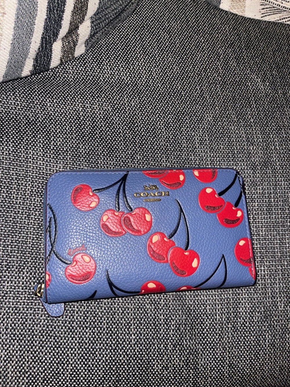 Coach Medium Blue Cherry Zip-Around Leather Wallet with Red Cherry Print